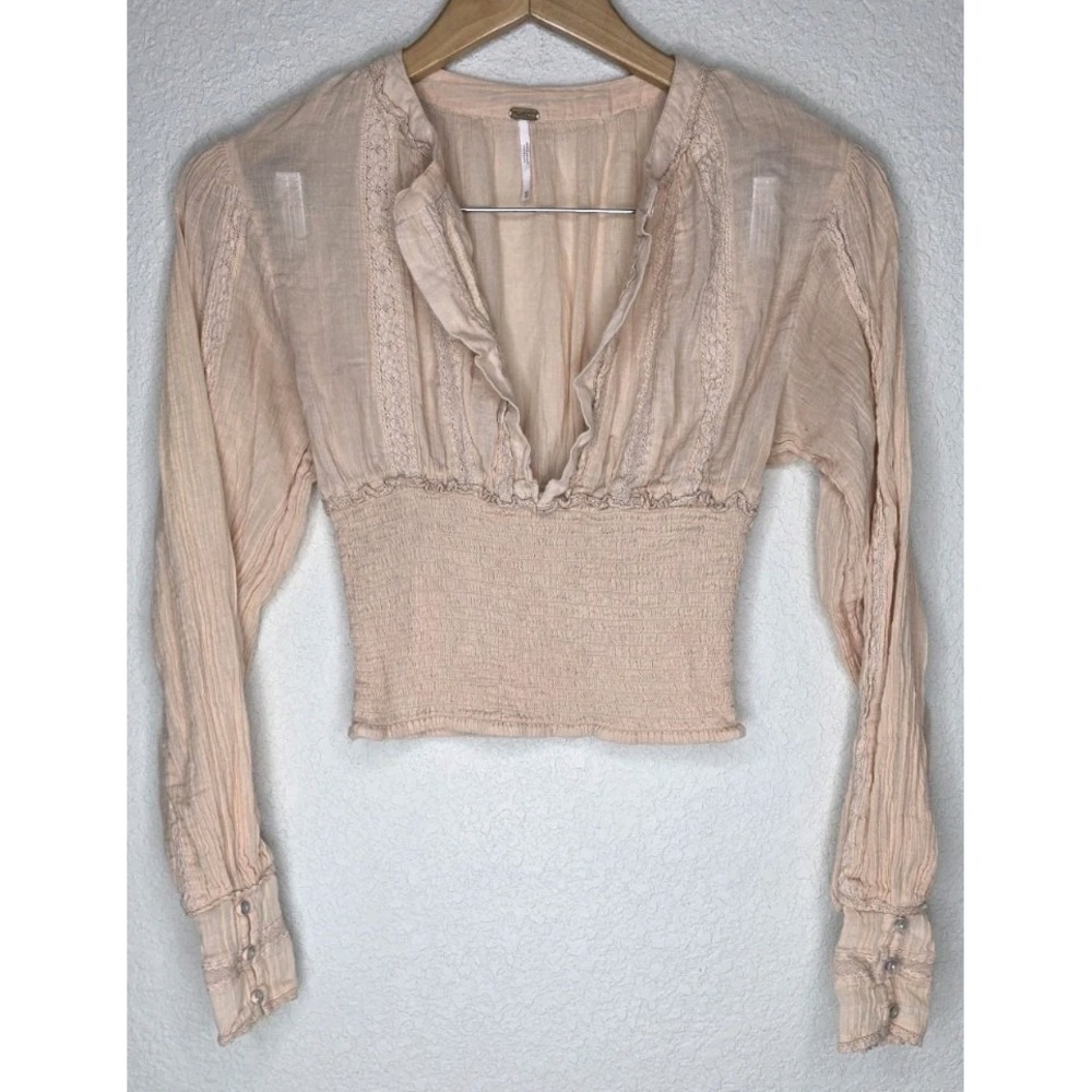 Free People Floral Smocked Long Sleeve Top XS Boho Victorian Whimsy Cottage Pink